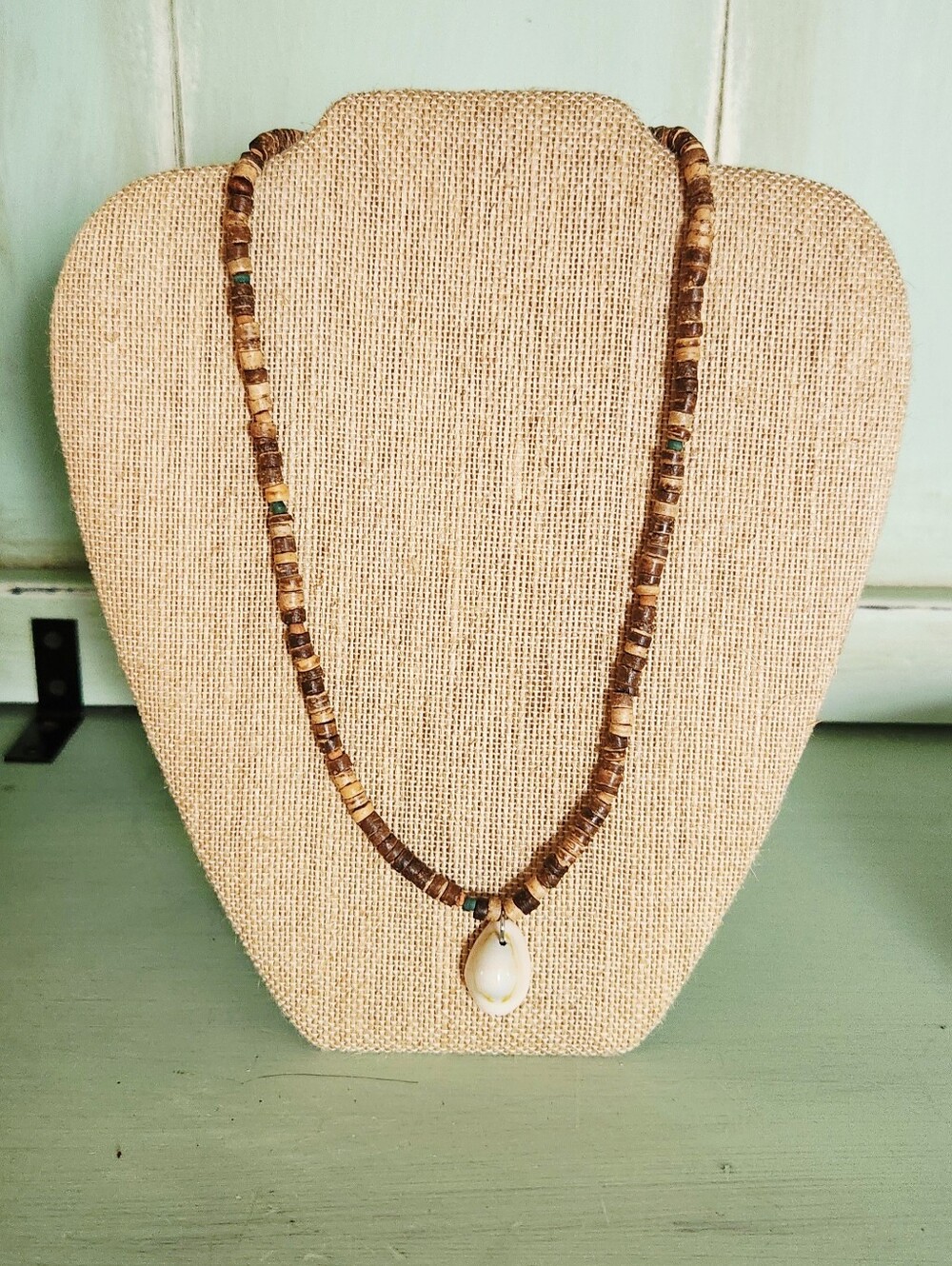 Handmade Brown Wood Beaded Necklace with A Shell Pendant